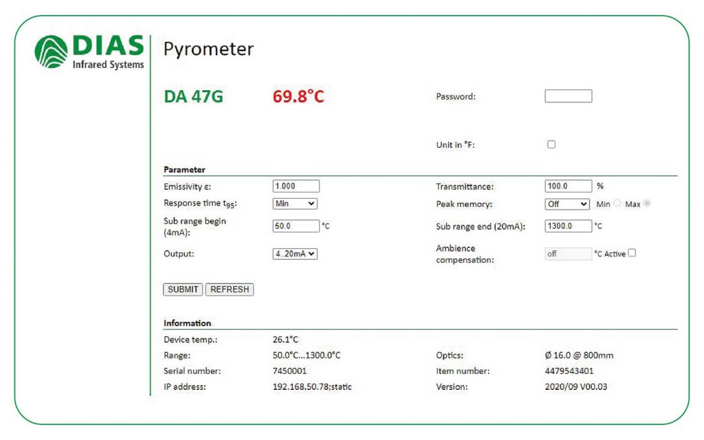 DA47G, 可連接網絡的玻璃專用型紅外測溫儀 , 50-2500°C